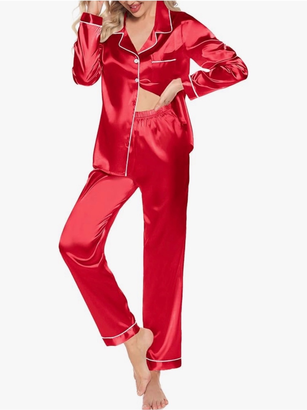 Red Satin Two-Piece Pajama Set with White Piping